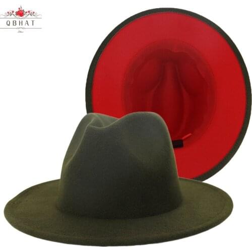 QBHAT Outer Army Green Inner Red Patchwork Wool Blend Vintage Men Women Fedora Hats Trilby Floppy Jazz Belt Buckle Felt Sun Hat