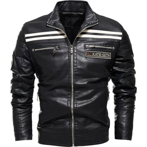 Men Jacket Zipper Leather Jacket Black Motorcycle Jacket Men Stripe Design Slim Fit Street Wear Coat Autumn Winter Vogue Tops