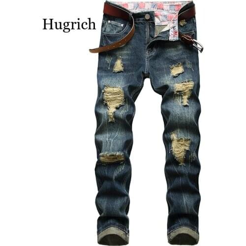 Men Dark Blue Ripped Jeans Denim Destroyed Cotton Men Casual Denim Trousers for Male Fashion Long Jeans Plus Size 28-42
