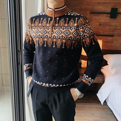 British Mens Slim Fit Sweater Personalized Plaid Printing Versatile Turtleneck Knitted Sweater Zipper Pull Homme Sweater For Men