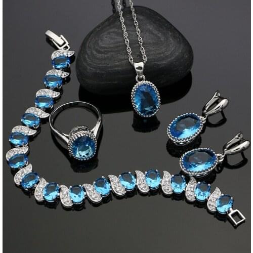 Oval Natural Sky Blue Zircon 925 Sterling Silver Jewelry Sets For Women Wedding Earrings/Rings/Bracelet/Necklace Set