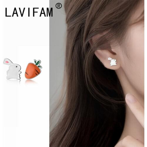 New 925 Sterling Silver Small Glaze Rabbit Carrot Asymmetric Stud Earrings Gift For School Girls Kids Daughter Jewelry