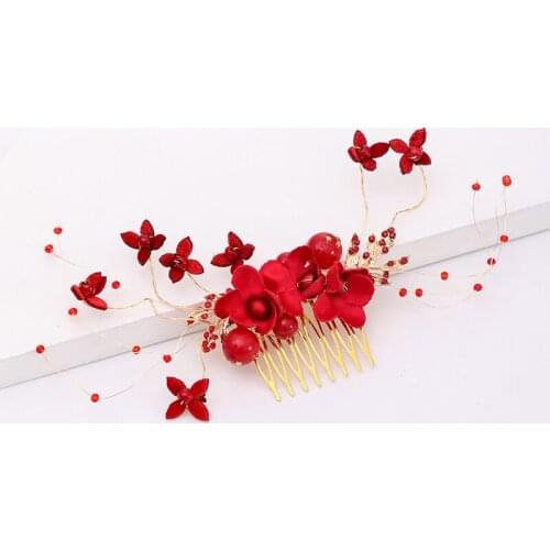 New Design Gold Tiara Hair Combs Handmade Red Flower Bridal Headpiece Star Crystal Wedding Women Hair Ornaments Party Girls