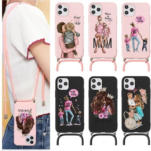 Necklace Lanyard Rope Case For iPhone 7 8 Plus XR X XS SE 2020 10 Coque For iPhone 11 12 Pro Max Mini Super Mom Woman Baby Funda