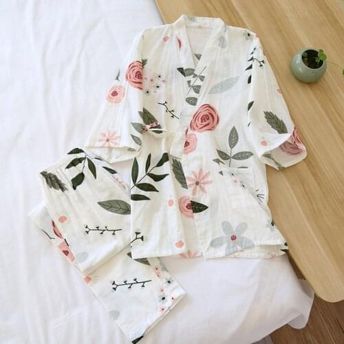 2021 New Japanese Kimono Suit Pajamas Spring Summer Ladies Pure Cotton Three-quarter Sleeves Rose Print Home Clothes Thin Loose