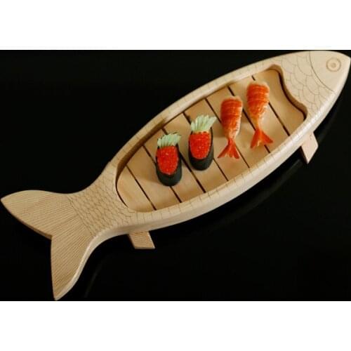 Featured Japanese sushi plate seafood wooden platter fish shaped fish slice restaurant Korean cuisine wood dish tableware