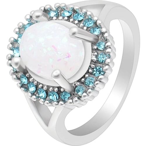 Luxury CZ White Fire Opal Flower Ring Jewelry Silver Color New Fashion Blue Zircon Crystal Engagement Ring For Women Bijoux Anel