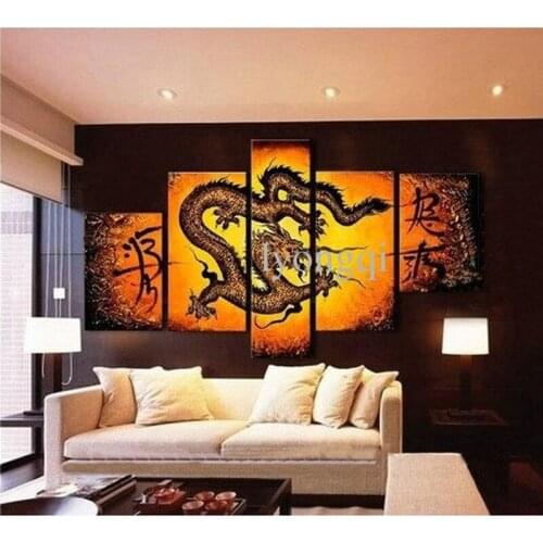 Hand-painted Hi-Q modern wall art home decorative animal oil painting on canvas Flood dragon 5pcs/set home decor
