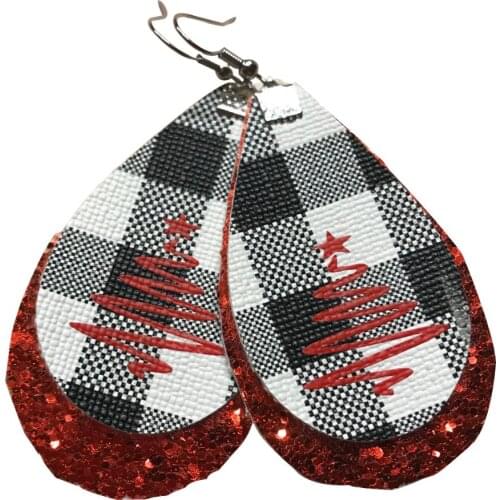 Buffalo Plaid Christmas Tree Glitter Faux Leather Earrings Double Layer Lightweight Red Plaid Teardrop Earrings Xmas Gifts