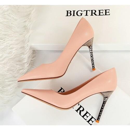 BIGTREE Shoes Metal Heel Woman Pumps Leather Heels Spring Women Shoes Sexy Office Shoes Stiletto Heels Female Sexy Heeled Shoes