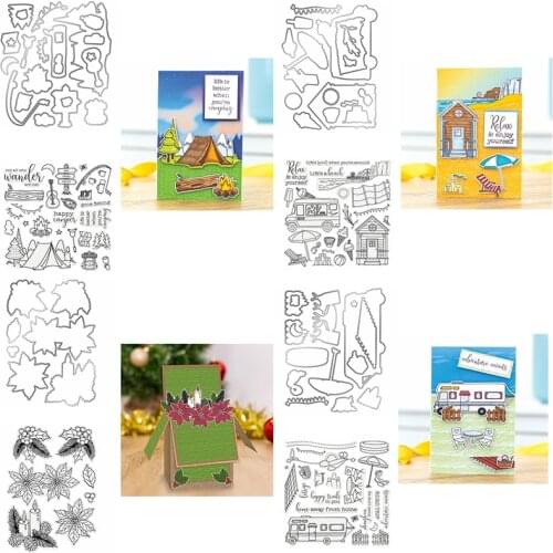 Travel Truck Tent Signpost Cabin Beach Umbrella Blanket Fence Shore Floral Words Metal Cutting Dies With Clear Stamps 2020 NEW