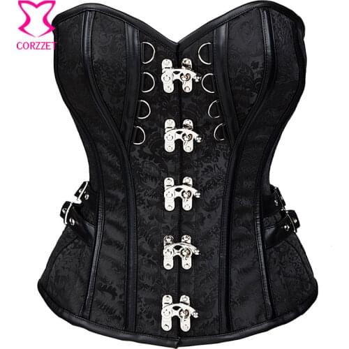 Vintage Corsetto Steampunk Corset Sexy Leather Trimmed Black Brocde Corsets and Bustiers Gothic Clothing Women Plus Size Clothes