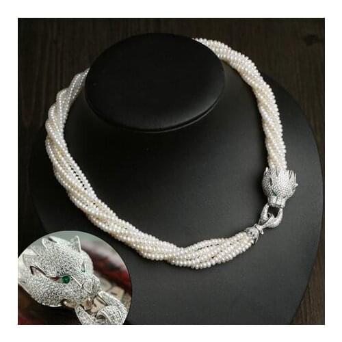 Fine jewelry cubic zircon leopard head 6rows 4-5mm freshwater pearls choker necklaces