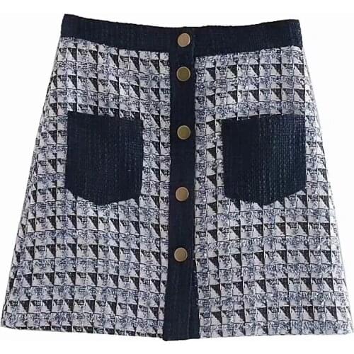 Retro Blue Plaid Tweed Elegant Single Breasted Pocket Mini High Waist A-Line Skirt Womens New Style