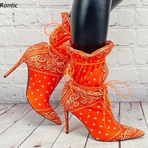 Romantic New Women Winter Ankle Boots Print Stiletto Heels Lace Up Pointed Toe Pretty Orange Black Blue Party Shoes US Size 5-15