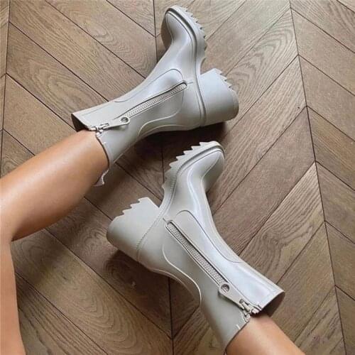 Brand Betty Rain Ankle Boots For Women Shoes Pvc Chunky Block Heel Pumps PlatformThigh High Boots Square-Toe Ladies Botas Mujer