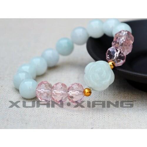Women Bangles Natural Myanmar Emerald White Round Beads Rose Flower Jade Bracelets Crysatal Hand String For Women Fine Jewelry