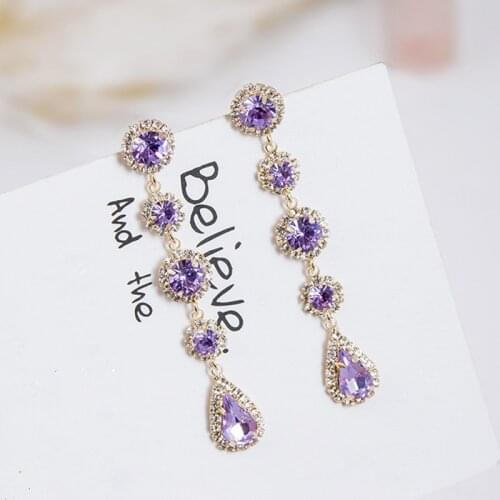 New Luxury Charm Purple Round Water Drop Full Rhinestone Long Dangle Earrings for Women Fashion Boucle D'oreille Femme 5A3020