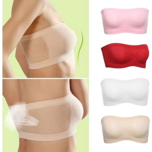 Womens One Size Strapless Seamless Stretch Bandeau Tube Bra Top Back Mesh Solid Color Wrapped Chest