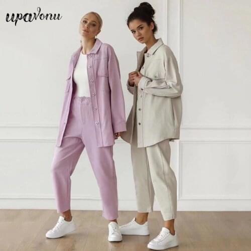 Free Shipping 2021 Autumn Womens Casual Pants Set Fashion Lapel Pocket Long Sleeve Single-breasted Shirt & Two-Piece Pants Sets