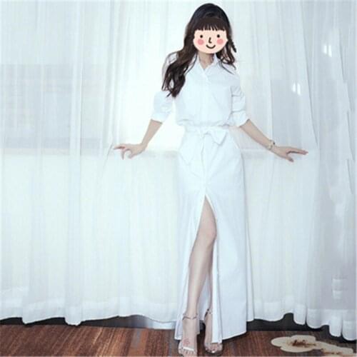 2020 New Summer Shirt Long Dress Elegant Women Maxi Dress Deep V Neck Office Ladies Dress Evening Party Format Dress Belt N259