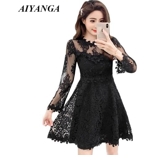 New Black Sexy Lace Dress Women 2019 Spring Dresses Long Sleeve Patchwork Mesh Dress Female High Waist A-Line Dresses Ladies