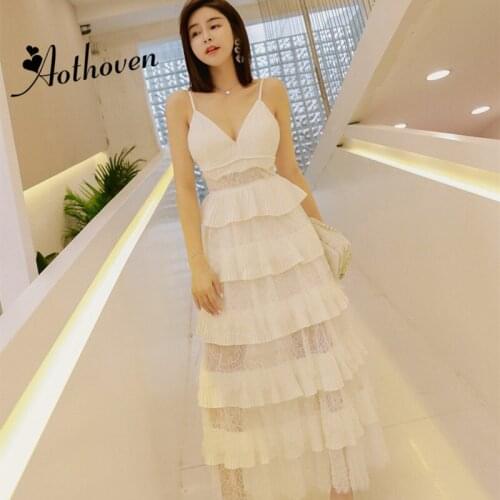 New Autumn Lace Patchwork Cascading Ruffle Ball Gown Dresses Spaghetti Strap V Neck Women Dress Office Sexy Party Maxi Dress