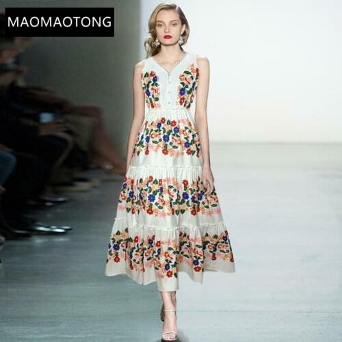 2021 Summer New Floral Elegant White Dress Womens V-Neck sleeveless High waist Printed Vacation Midi Dress Vestidos