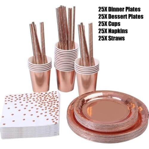 125pcs/Lot Rose Gold Bronzing Disposable Paper Cup Paper Tray Straw Paper Towel Cutlery Set Wedding Party Event Tableware Set