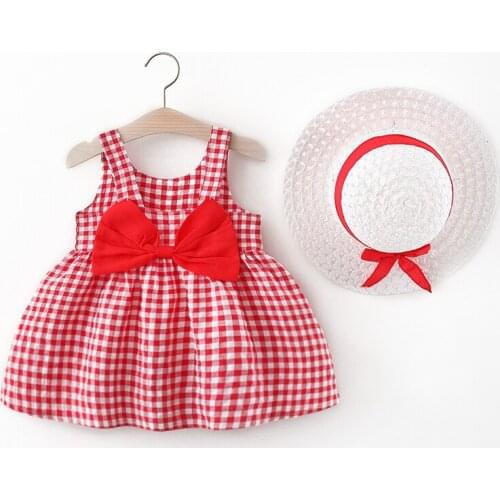 2 Piece Infants Clothing Suits Newborn Baby Girls Dresses Summer Casual Plaid Bow Skirt Children Outfits Sunhat for 1 2 3 4 Year
