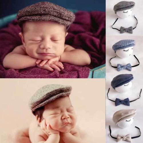 2018 Brand Baby Newborn Peaked Beanie Cap Hat + Bow Tie Photo Photography Prop Outfit Set