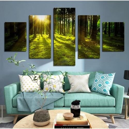 5 Pieces Wall Art Pictures Forest Nature Landscape Canvas Painting Posters Green Trees Photo 5 Panel Living Room Home Decoration