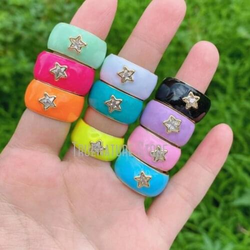 5Pcs RM40030 Gold Plated Cubic Zirconia Adjustable Ring Jewelry Colors Gold Plated Cubic Zirconia Enamel Pentagram Ring