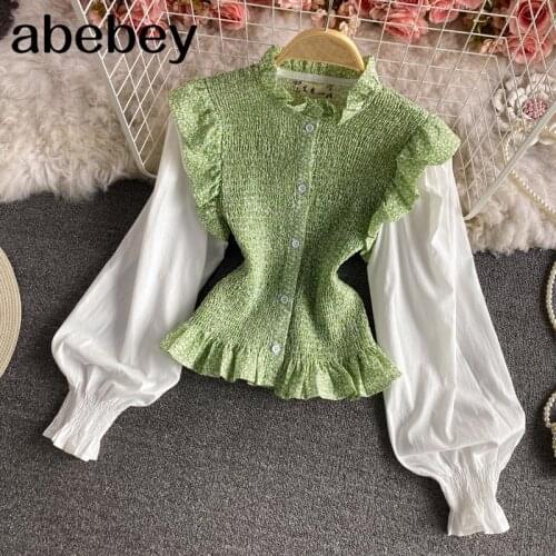 Women Korean Solid Blouses Design Hollow Peter Pan Collar Long Sleeve Ruffle Top Spring Elastic Ruched Streetwear Tops