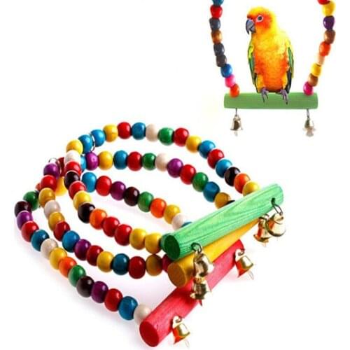 Wooden Parrot Swing Toy Bird Cage Accessories Bird Stand Rack Hanging Perch For Bird Parrot Swing Toy with Colorful Beads Bells