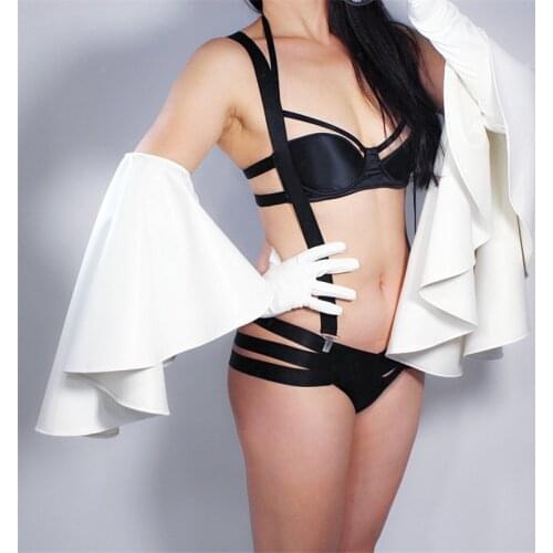 2020 NEW Long Leather Gloves 60cm Oversized Round Lotus Lace Sleeves Simulation Leather White PU Leather Female WPU163