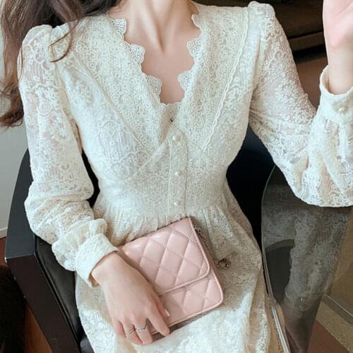 Solid Elegant Fairy Dress Women French Lace Designer Midi Dress Female Office Lady Japanese Style Korean Party Dress Women 2021