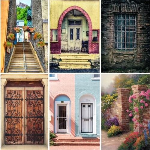 Vintage Building Brick Wall Wooden Door Photography Backdrops Children Baby Portrait Photo Background Studio Props 210329TYI-03