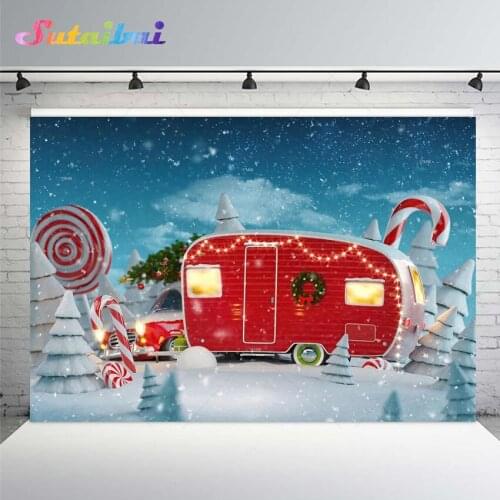 Winter Snow World Photography Backdrop Red Candy Car Christmas Holiday Photo Booth Background Studio Child Photocall Photophone