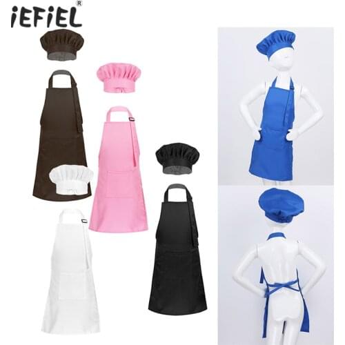 IEFiEL Brand New Unisex Kids Adjustable Apron and Chef Hat Set for Cute Boys Girls Kitchen Cooking Baking Painting Training Wear
