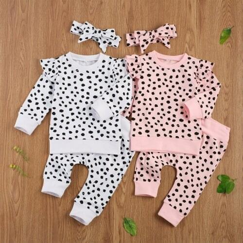 3PCS Set Newborn Baby Boy Girl Long Sleeve Dot Pullover T-shirt Tops Long Pant Trouser Headband Outfits Baby Clothes
