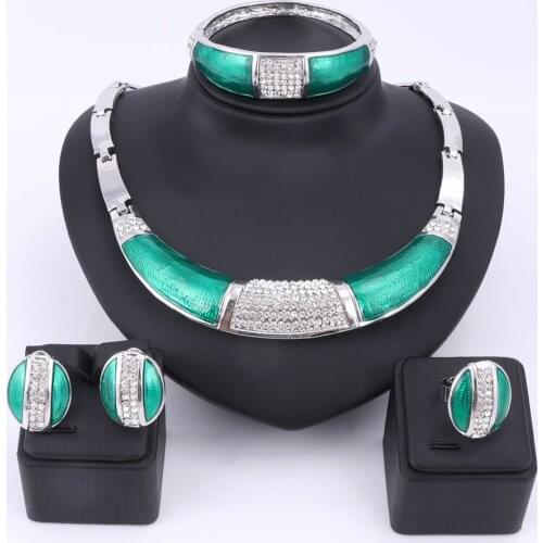 Full Rhinestone Green Enamel African beads jewelry set wedding Party dress accessories fashion costume Necklace jewelry sets