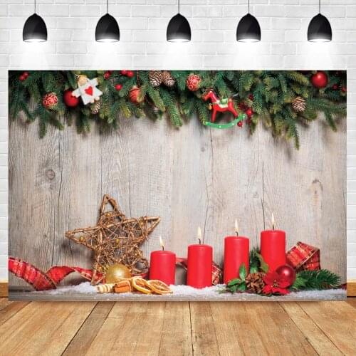 Laeacco Christmas Pine Leaves Old Wood Boards Candle Backdrop For Photography Child Portrait Pets Photocall Backgorund Poster