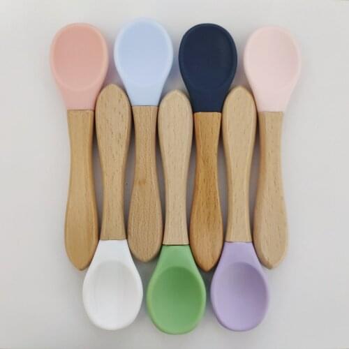 Baby Spoon Candy Color Safety Baby Learning Wood Spoon Non-Slip Soft Silicone Spoon Children Kids Boy Girl Food Feeding Tools
