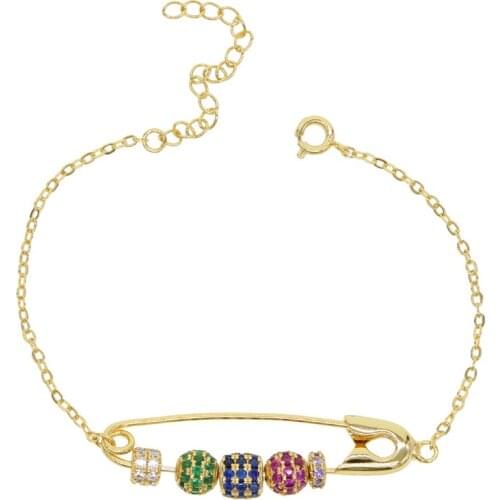 Trendy 2020 NEW Boho Rainbow CZ Bead Safety Pin Bracelet For Women Girls Gold Filled Nice Wedding Jewelry Gifts Party Wholesale