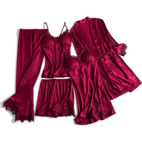 Bride Pajama Set Women Lace Trim Satin Sleepwear Pyjamas Summer Nightwear With Pants Casual Home Wear Kimono Robe Gown PJS