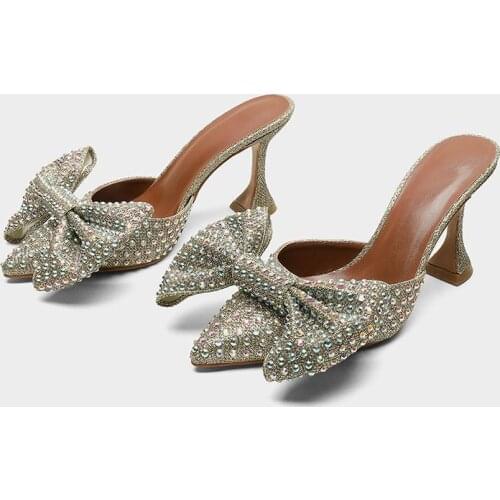 2020 New European Station Pointed Bow Sandals Crystal All-match Ultra-High Heel Thin Heeled Baotou Slippers Womens Shoes