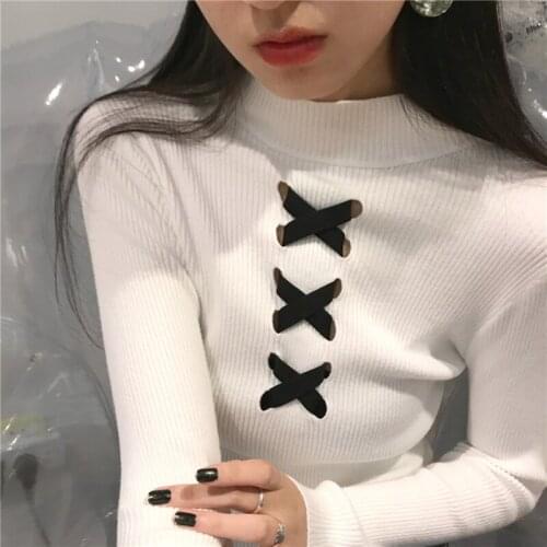 Autumn O-neck Criss Cross Sweater Women Skinny Elastic Full Sleeve Knitted Pullovers Feminino Soft Femme Jumper