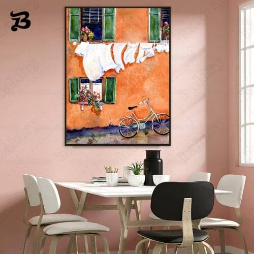 Fresh Landscape Poster Sunlight and Road Bicycle Flower By The Window Laundry Canvas Painting Wall Art Poster Print Room Decor