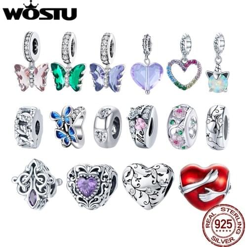WOSTU Authentic 925 Sterling Silver Heart Flowers Butterfly Beads Charms Pendant Fit Bracelets Women Party DIY Fine Jewelry Gift